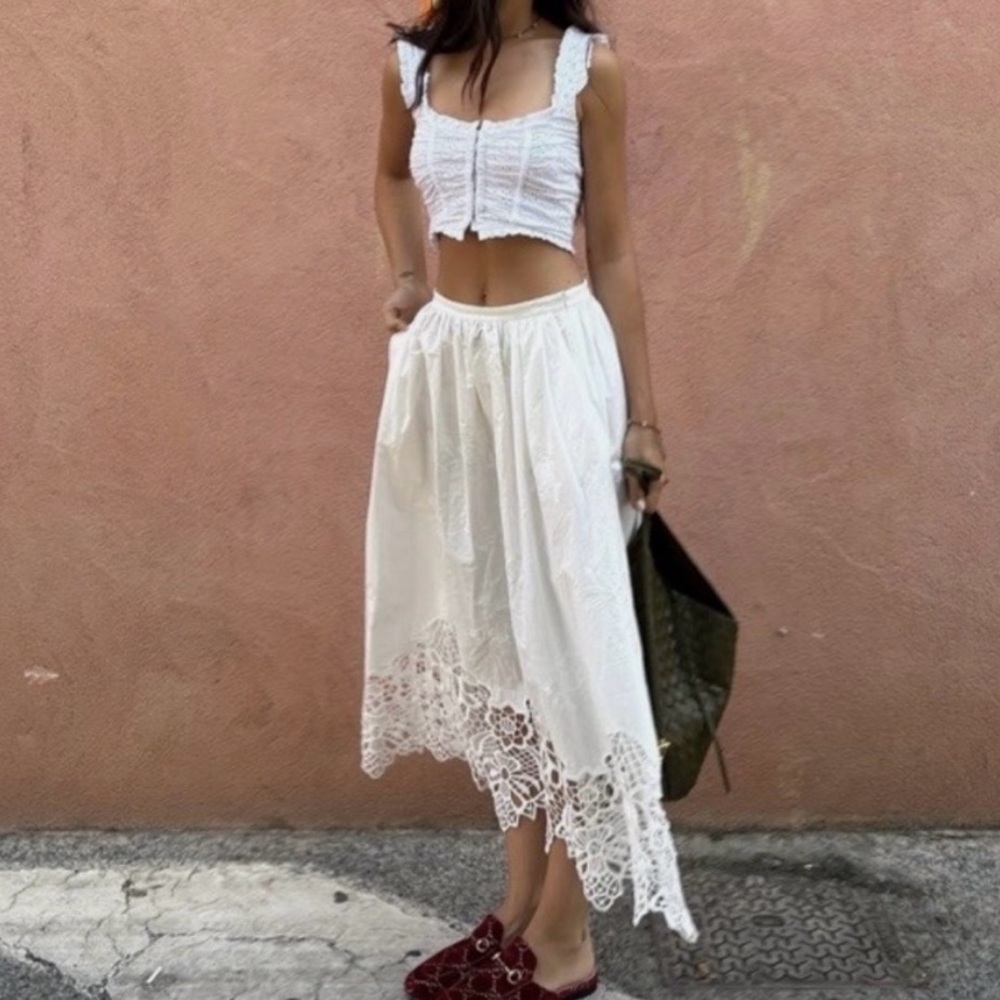 Zara Blogger Fav Viral Floral Embroidery Cottage Coastal Coquette Midi Skirt XS